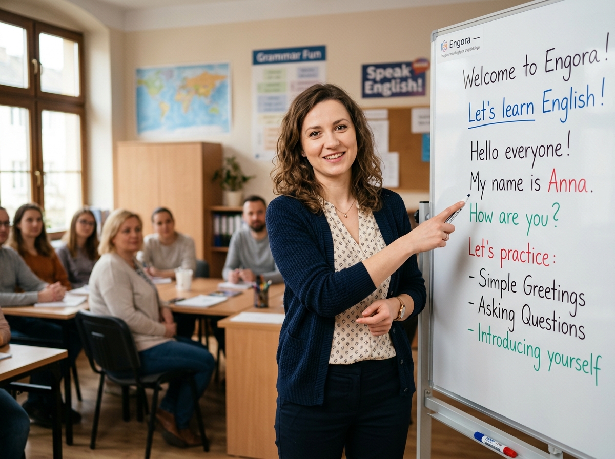 Lektorka angielskiego przy tablicy z prostymi zwrotami